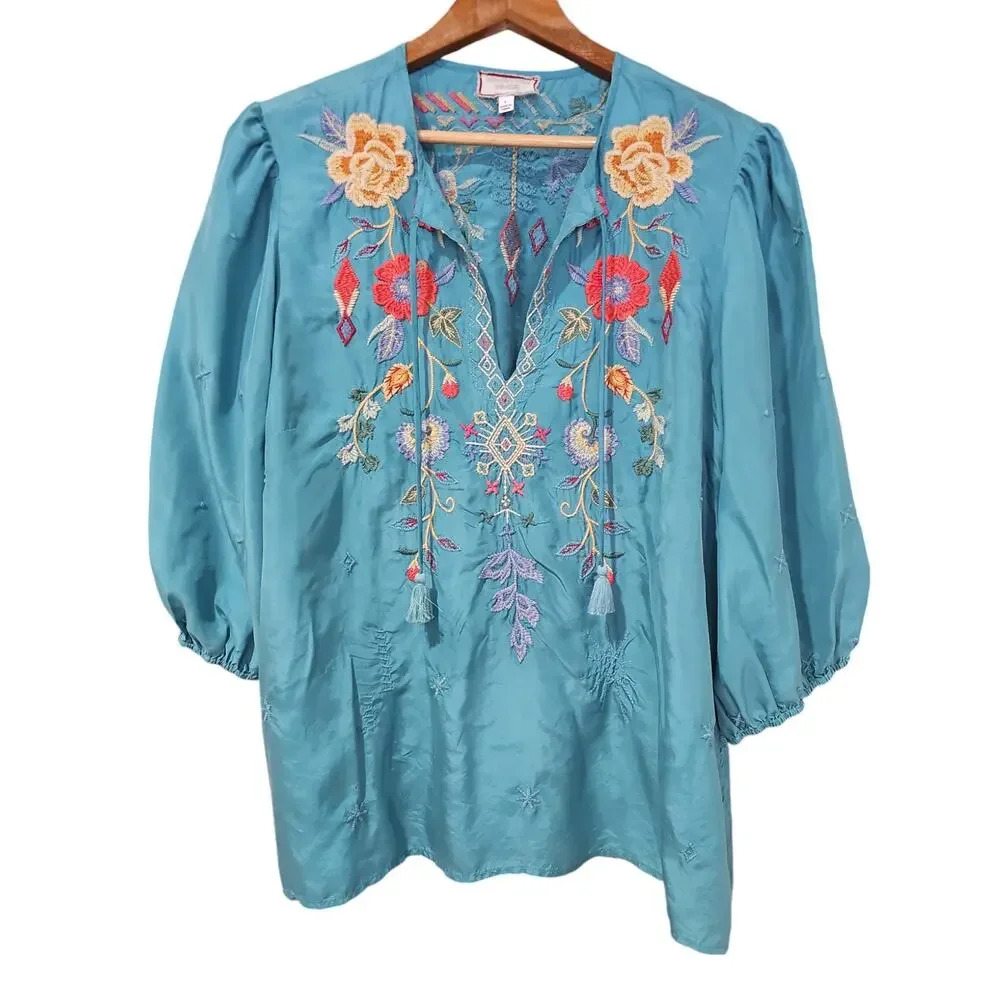 Johnny Was Workshop Taryn Flowy Tassel Silk Blouse Sea Stone Size L - Picture 6 of 9